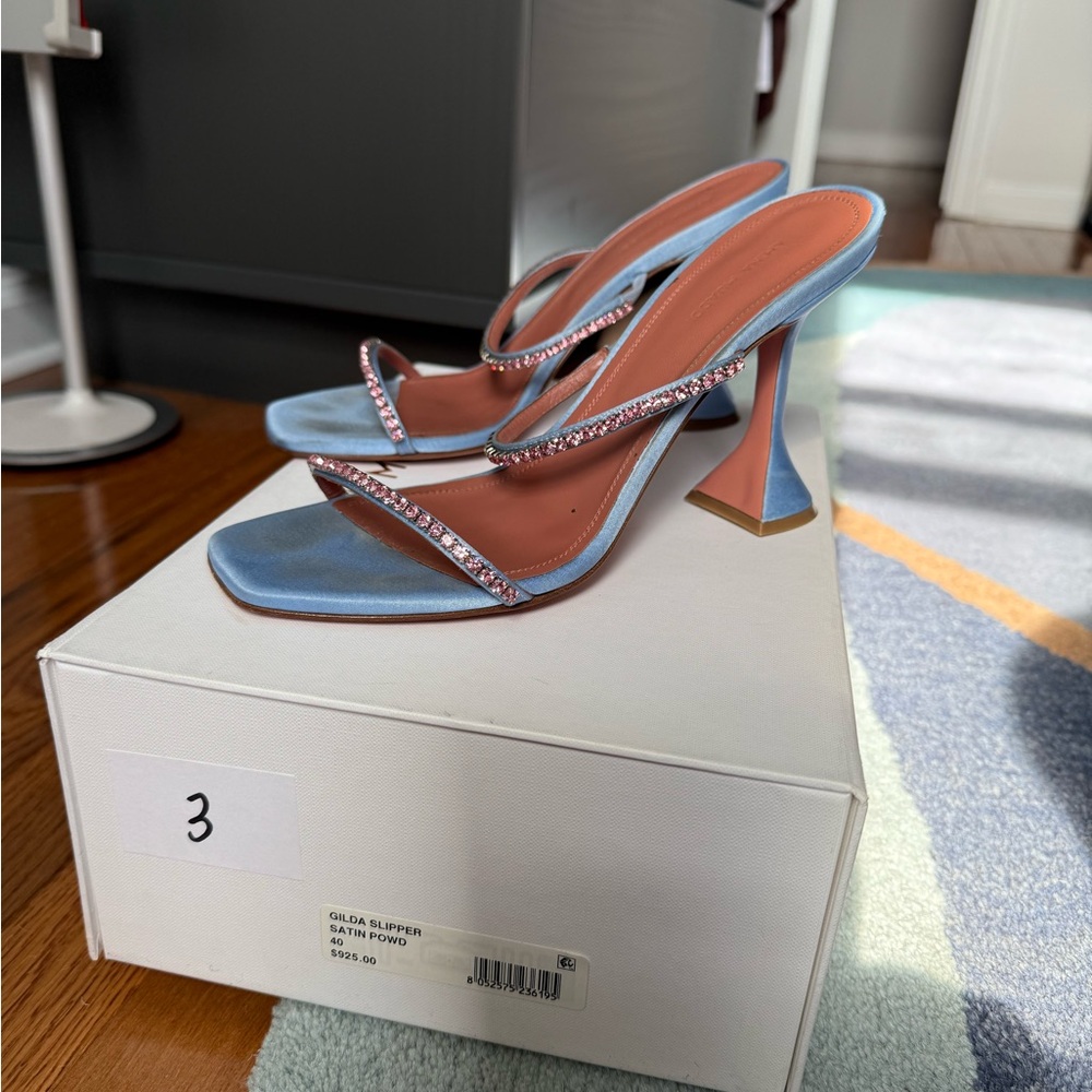 Amina Muaddi 95MM Blue Satin Gilda Sandals